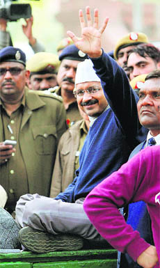 Delhi CM Arvind Kejriwal at a dharna near Rail Bhawan in New Delhi on Monday. 