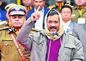 Delhi CM Arvind Kejriwal addresses a gathering at a Republic Day function in New Delhi on Saturday