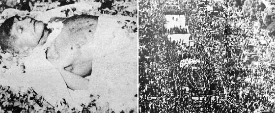 Gandhi’s body lying in state & (R) a view of his last journey (Photos courtesy: Robert Payne, The Life and Death of Mahatma Gandhi)