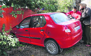 A car that rammed into a wall in front of the Punjab Governor’s residence in Chandigarh on Sunday.