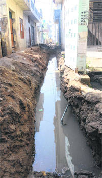 Dirty water getting mixed with drinking water supply as the work of laying a new pipeline is under way at Balongi village in Mohali district on Sunday