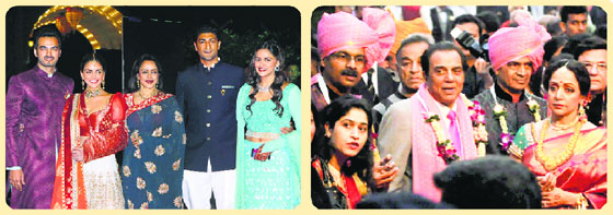 (L)Bollywood actress Hema Malini, Esha Deol with husband Bharat Takhtani, Ahana Deol with fiance Vaibhav Arora at the sangeet function of Ahana Deol in Mumbai on Saturday. (R) Dharmendra & Hema Malini at the wedding ceremony.
