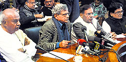 HD Deve Gowda (JD-S), Sitaram Yechury (CPM), Sharad Yadav (JD-U) and Ram Gopal Yadav (SP) at a press conference in New Delhi on Wednesday