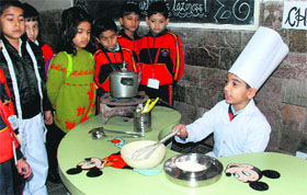A student explains his kitchen model during an annual exhibition held at Blue Bird School in Sector 16, Panchkula, on Friday.