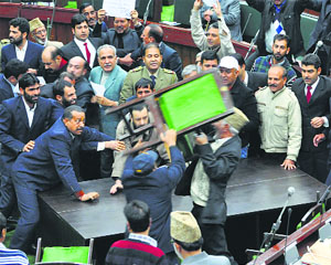 Pandemonium inside the J-K Assembly in Jammu on Tuesday.
