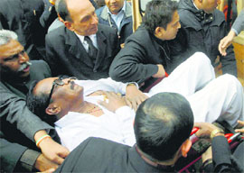 TDP MP K Narayana Rao is taken to a hospital after he suffered a heart attack during a fracas in the Lok Sabha on Thursday