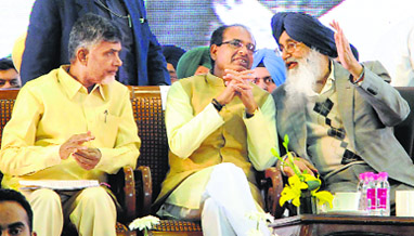TDP chief Chandrababu Naidu looks on as Punjab CM Parkash Singh Badal interacts with MP CM Shivraj Chauhan in Mohali.