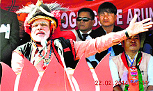 BJP prime ministerial candidate Narendra Modi addresses a rally at Pasighat in East Siang district of Arunachal on Saturday