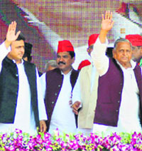 UP Chief Minister Akhilesh Yadav and Samajwadi Party president Mulayam Singh Yadav during a rally in Allahabad on Sunday.