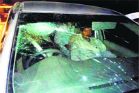 Arvind Kejriwals damaged car in Kutch on Wednesday. PTI