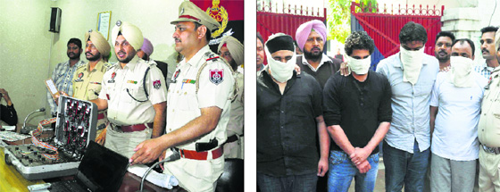 Police officials show the customised exchange recovered from the possession of the four bookies; and (right) the accused in police custody in Ludhiana on Tuesday.