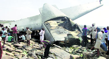 The wreckage of the IAFs C-130J transport aircraft that crashed at Karauli, near Gwalior, killing five crew members on Friday