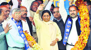 BSP supremo Mayawati at a rally in Jammu on Tuesday.