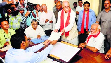 BJP candidate from Gandhinagar LK Advani with party's prime ministerial candidate Narendra Modi files his nomination papers in Gandhinagar on Saturday.