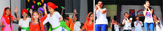Students give a dance performance at Shivalik Public School in Mohali on Monday; and (right) Children perform a dance item during the founder’s day celebrations at Lawrance School on Monday.