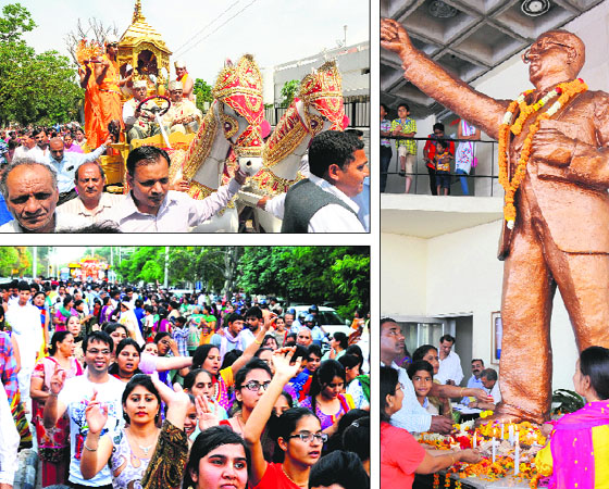 (Clockwise from top left) Devotees take out a “palki” of Lord Mahavir on the occasion of Mahavir Jayanti at Sector 27; people celebrate Ambedkar Jayanti at Sector 37; and devotees take part in the Lord Jagannath Rath Yatra at Sector 21in Chandigarh on Monday.