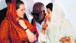 Congress president Sonia Gandhi at an election rally for party candidate Begum Noor Bano in Moradabad on Monday.