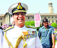 New Navy Chief Admiral Rabinder Kumar Dhowan outside South Block in New Delhi on Thursday