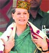 Congress chief Sonia Gandhi being honoured at a rally in Kullu on Sunday. Jai Kumar