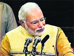 Narendra Modi breaks down at the BJP Parliamentary Party meeting in New Delhi on Tuesday. 