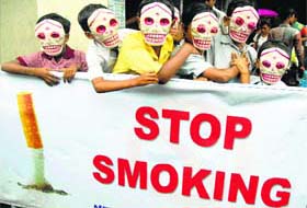 Children during an awareness campaign on World No Tobacco Day in Kolkata on Saturday. 
