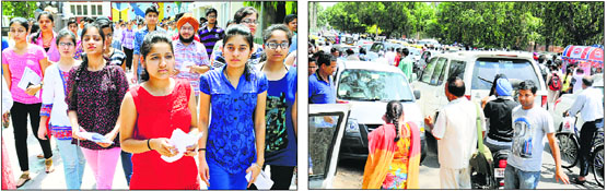 Candidates come out of an examination centre after appearing for AIIMS entrance exam at Sector 8, Chandigarh; and (right) traffic chaos outside an examination centre at Sector 15 in Chandigarh on Sunday.