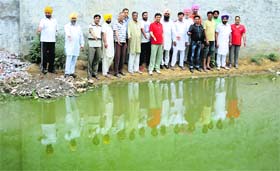 Residents show accumulated sewage at Krishna Nagar in Khanna on Sunday