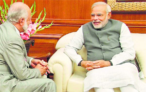 Prime Minister Narendra Modi with special envoy of the Sultan of Oman, Foreign Minister Yosuf Bin Alawi Bin Abdullah in New Delhi on Tuesday.