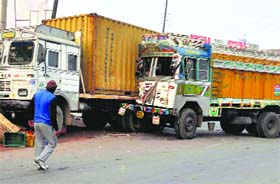 Trucks that met with an accident near a chowk at Ludhiana-Malerkotla Road