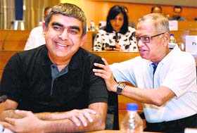 NR Narayana Murthy with newly appointed CEO & MD of Infosys Vishal Sikka in Bengaluru on Thursday