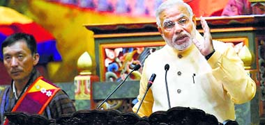 Prime Minister Narendra Modi addresses the National Assembly in Thimphu, Bhutan, on Monday. 