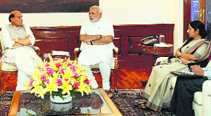 Prime Minister Narendra Modi chairs a meeting to review the situation in Iraq, in New Delhi on Friday.