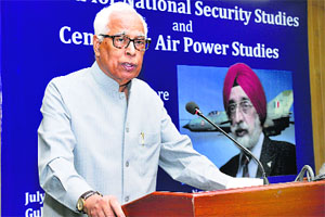 J-K Governor NN Vohra addresses the first Air Commodore Jasjit Singh (retd) memorial lecture in New Delhi on Friday.