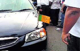 the car bears the BJP flag in Ludhiana on Saturday.