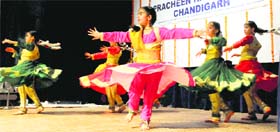Pracheen Kala Kendra students present a dance item at Punjab Kala Kendra, Sector 16, in Chandigarh on Monday.