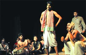 Artistes enact a scene from a play, "The First Teacher", at the Punjab Kala Bhawan in Sector 16, Chandigarh.
