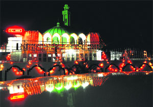 The illuminated Jama Masjid on the eve of Eid-ul-Fitr in Sector 20, Chandigarh, on Monday.