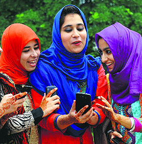 wishes from home: Kashmiri students share Eid greetings with each other at the Chandigarh Group of College, Landran, on Tuesday.
