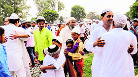 Devotees greet each other on the occasion of Eid-ul-Fitr at the Jama Masjid in Sector 20, Chandigarh, on Tuesday.