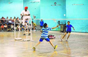 Players in action during the Ludhiana District Badminton Championship in Ludhiana