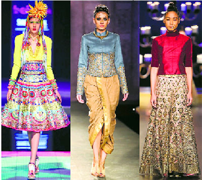 Models wearing creations by Manish Arora, Anju Modi and Manish Malhotra