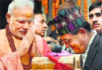 Prime Minister Narendra Modi after paying obeisance at Pashupatinath Temple in Kathmandhu on Monday. PTI 