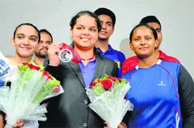Malaika Goel, who won silver medal at the Commonwealth Games, being felicitated on her return to Ludhiana on Wednesday