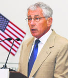 US Secretary of Defence Chuck Hagel delivers a leacture in New Delhi on Saturday.