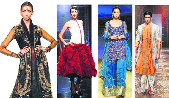 L-R: An outfit from Tarun Tahiliani’s The Modern Mughals collection; Gauri and Nainika’s take on modern bride; a creation from Ashima Leena’s Jashn collection; a model wears a Raghavendra Rathore outfit