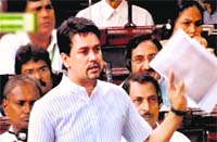 BJP MP Anurag Thakur speaks in the Lok Sabha on Monday. PTI 