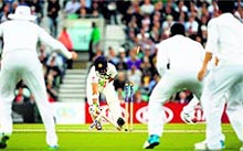 Gautam Gambhir gets run out during the third day of the fifth Test against England at The Oval