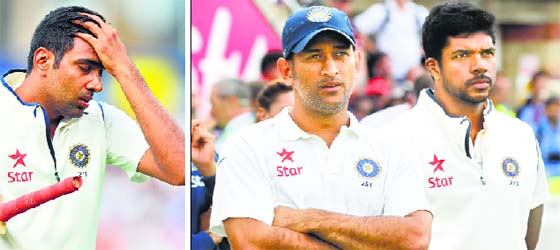Ravichandran Ashwin walks off after being caught for 13 runs; and (R) captain MS Dhoni admitted his team had simply not been good enough