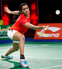 Sindhu plays a shot against Shixian Wang during the quarterfinals on Friday.