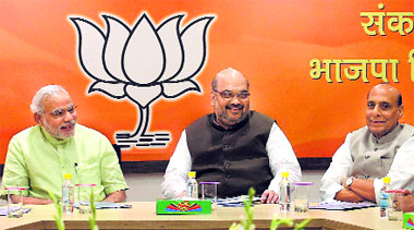 PM Narendra Modi, BJP president Amit Shah and Home Minister Rajnath Singh at a CEC meeting in New Delhi on Sunday.